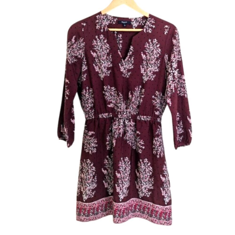 Madewell | 100% Silk Lassi Polka Dot Floral Dress Burgundy /‎ Long Sleeve Size 2